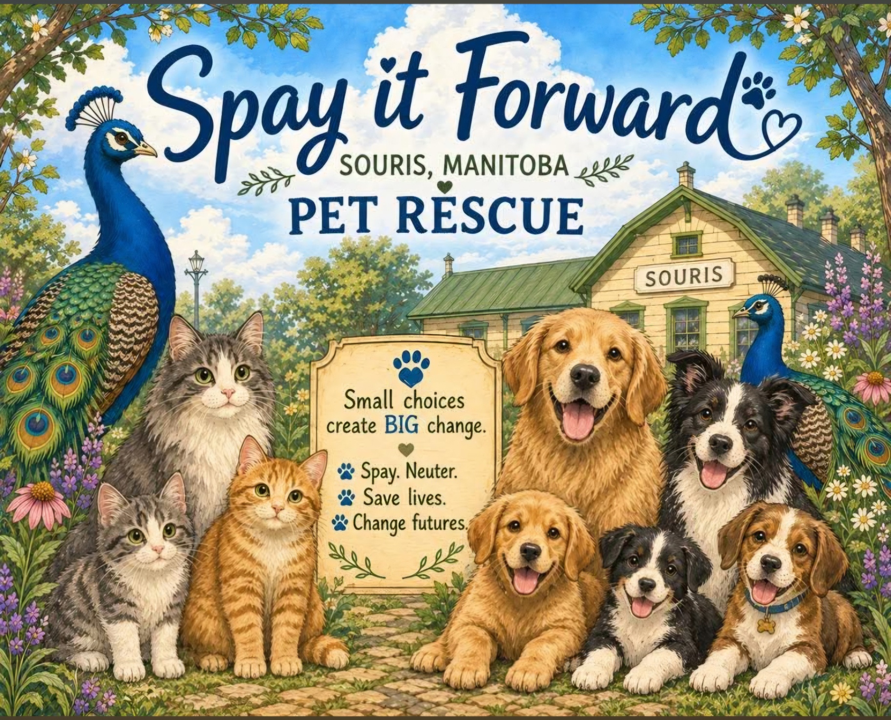 Original Spay It Forward artwork showing cats, dogs and peacocks in front of the Souris building