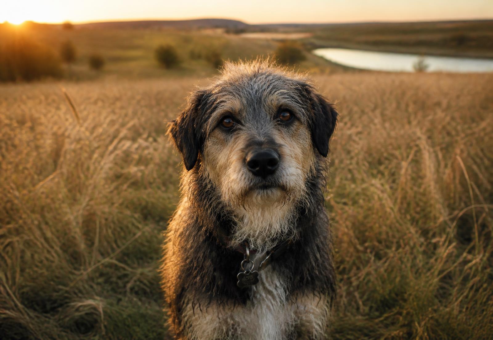 A dog looking toward the camera in prairie grass